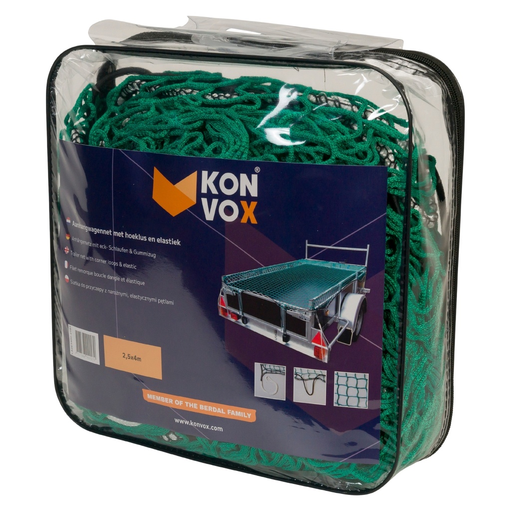 konvox filet de remorque avec boucle de coin et élastique 2,5x4m vert