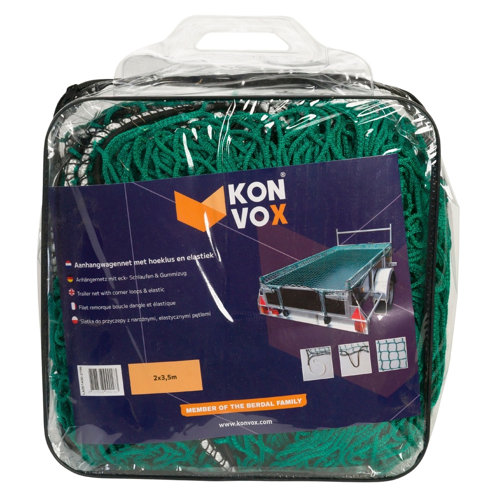 konvox filet de remorque avec boucle de coin et élastique 2x3,5m vert